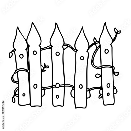 Hand Drawn Wooden Fence With Vines Vector Illustration for Coloring Books and Designs