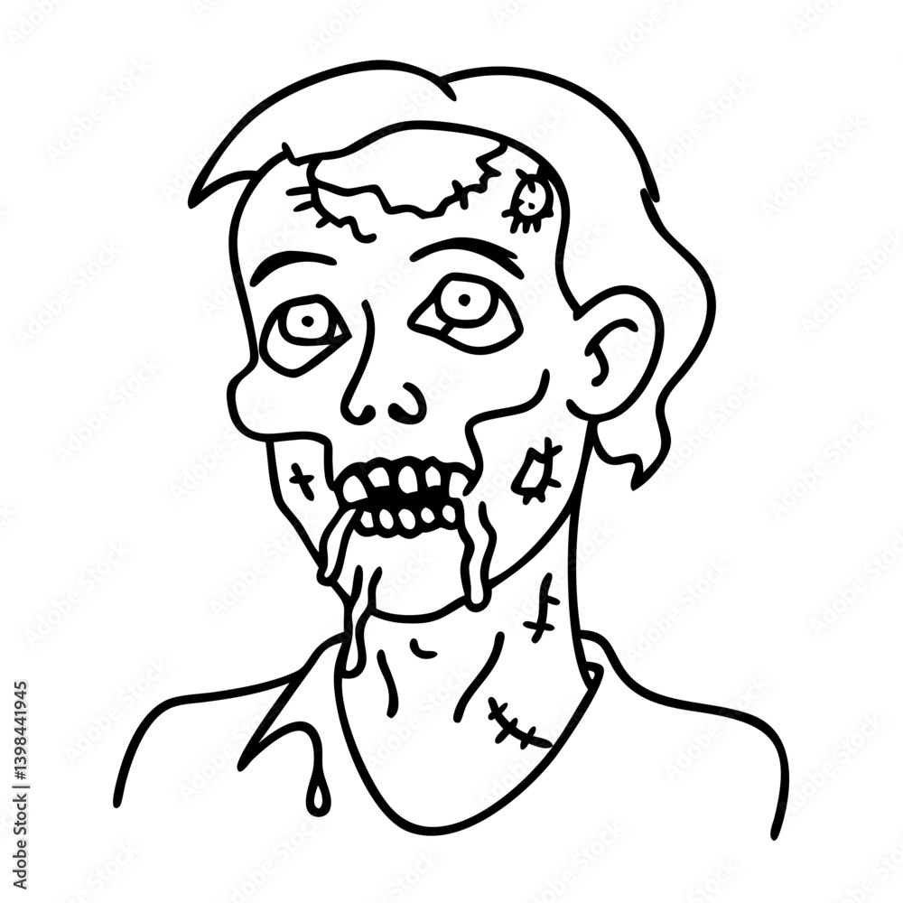 Creepy Zombie Face Illustration for Halloween Crafts and Coloring Books