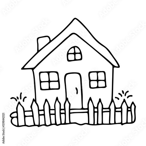 Simple Vector Illustration of a Cozy House with Picket Fence for Coloring Books and Designs