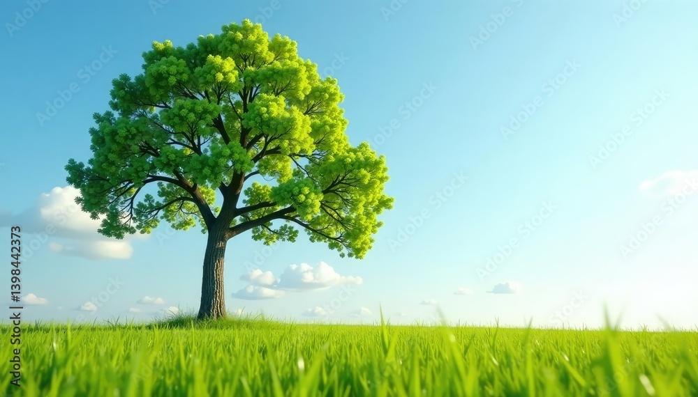 Single tree with branches stretching towards the sky in an open field, tall, leaves, single