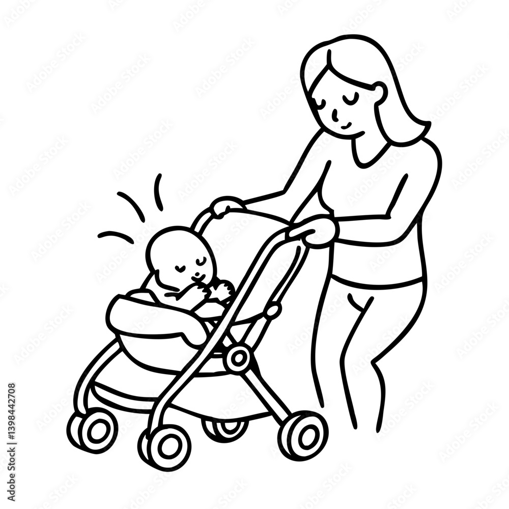 Mother Strolling Baby in Stroller Line Art Illustration for Parenting Designs Mother Strolling Baby in Stroller Line Art Illustration for Parenting Designs