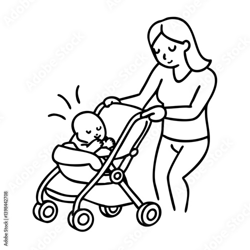 Mother Strolling Baby in Stroller Line Art Illustration for Parenting Designs
