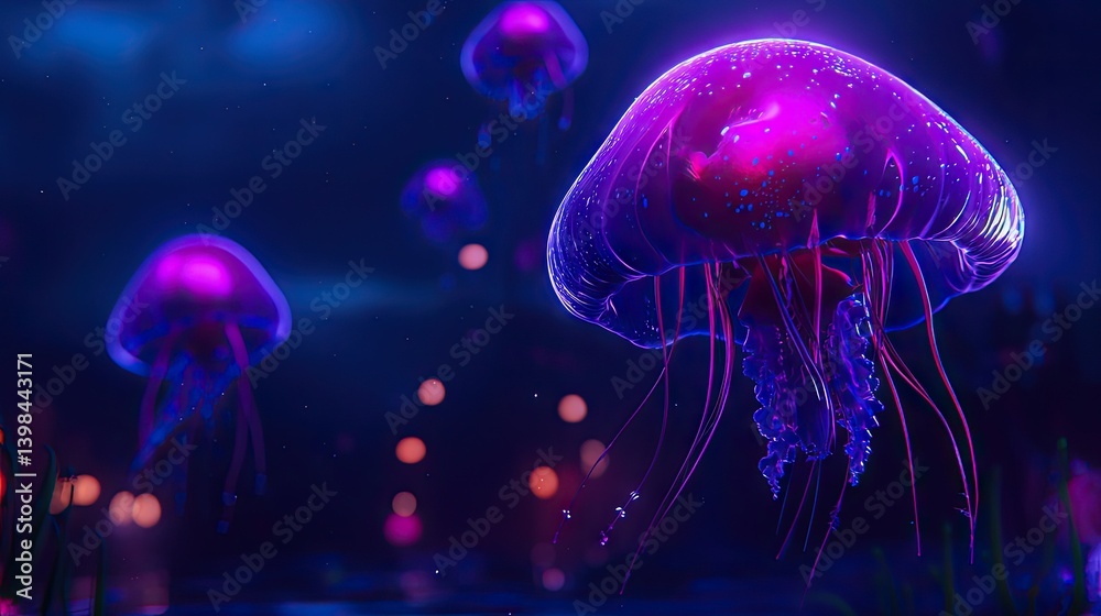 Fototapeta premium Bioluminescent Jellyfish Swimming In Deep Ocean Waters