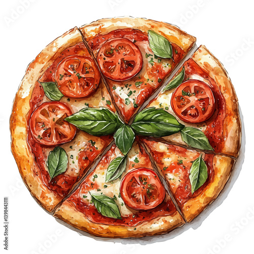 Pizza Margherita, watercolor illustration, isolated on a white background.

