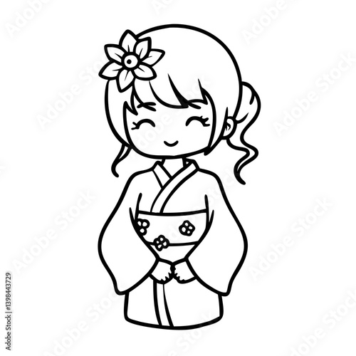 Kawaii Girl in Kimono With Flower Hairpiece Black and White Vector for Coloring and Design