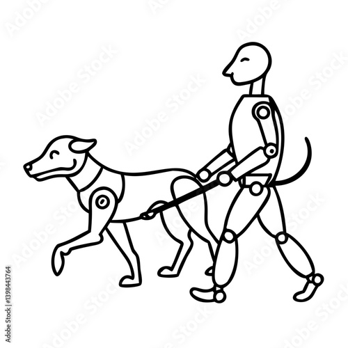 Vector Illustration of Android Robot Walking Dog for AI Technology Concepts