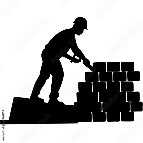 Silhouette Construction Worker Building Brick Wall Vector Illustration