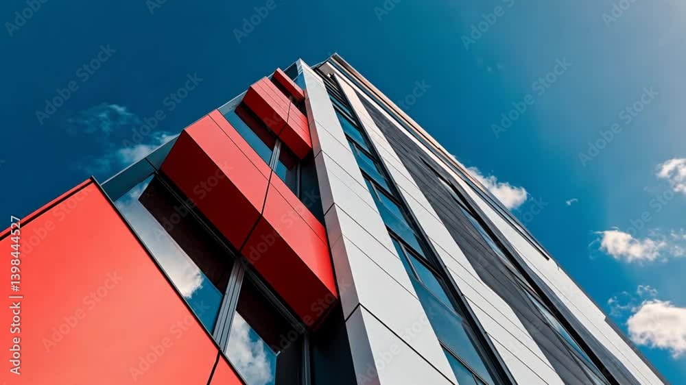 Modern architectural design featuring a tall building with colorful panels under a blue sky