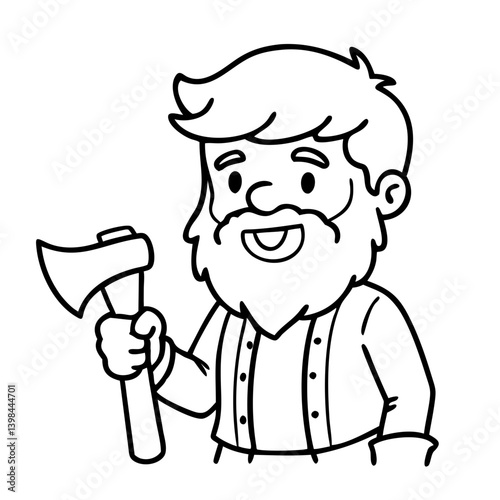 Bearded Lumberjack Cartoon Illustration Holding Axe for Coloring Books and Crafts