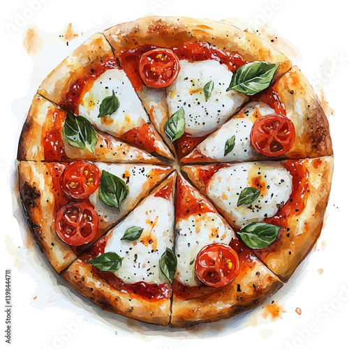 Pizza Margherita, watercolor illustration, isolated on a white background.


