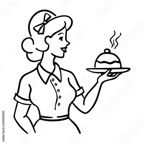 Vintage Retro Waitress Holding Tray Line Art Vector for Coloring Book or Menu Design