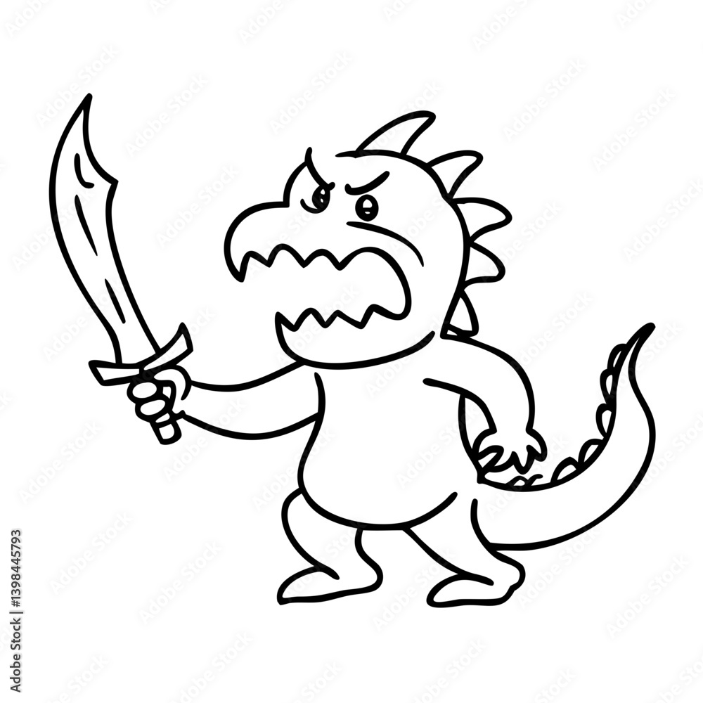 Fierce Cartoon Dragon Warrior Vector for Tattoo or Coloring Book Design Fierce Cartoon Dragon Warrior Vector for Tattoo or Coloring Book Design