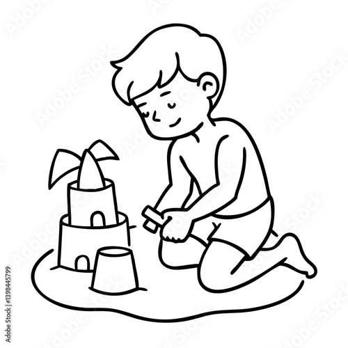 Child Building Sandcastle Beach Fun Outline Vector Artwork