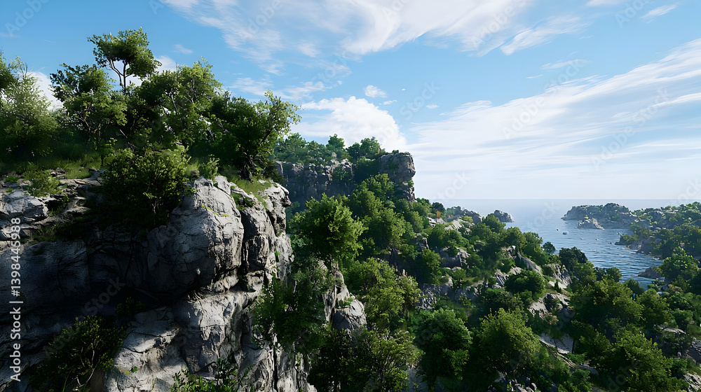 Coastal Mountain Landscape With Lush Vegetation Coastal Mountain Landscape With Lush Vegetation
