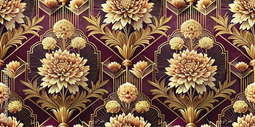 Elegant floral wallpaper with gold accents and deep burgundy background.