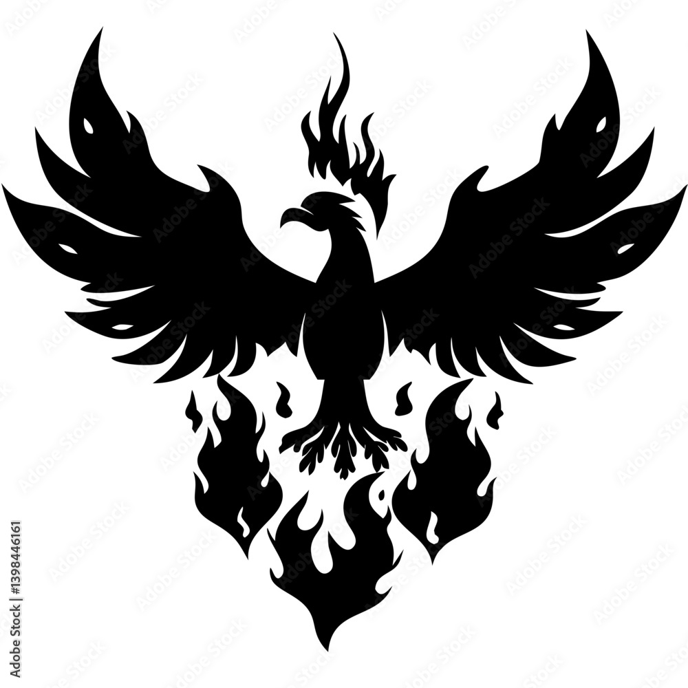 Fototapeta premium Majestic Phoenix Silhouette Rising from Flames Vector Art for Tattoo Design and Crafts