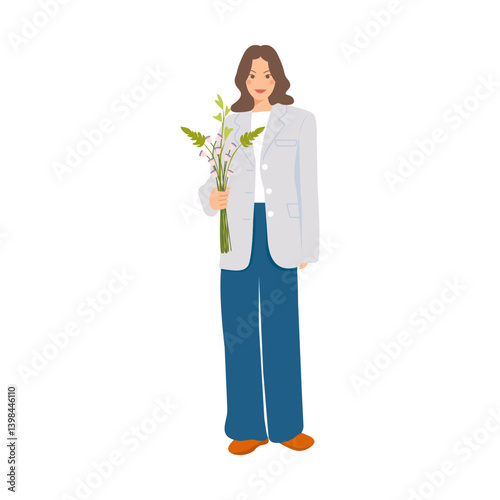 A happy woman holding bouquet in her hand. Person. Vector illustration. Positive character. Spring, summer, invitation, greeting, celebration.