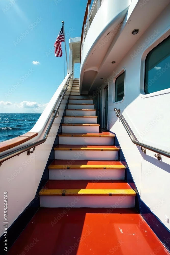 Obraz premium Striped stairs on the sides of ship's entrance gangway, gangway, deck, sea