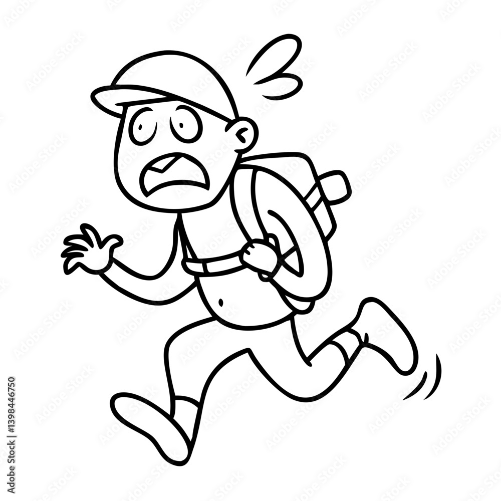 Naklejka premium Cartoon Character Running in Panic with Backpack Illustration for Humor and Adventure