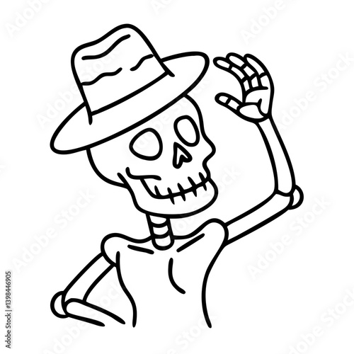 Skeleton with Hat Waving Vector Illustration for Design and Tattoo Art