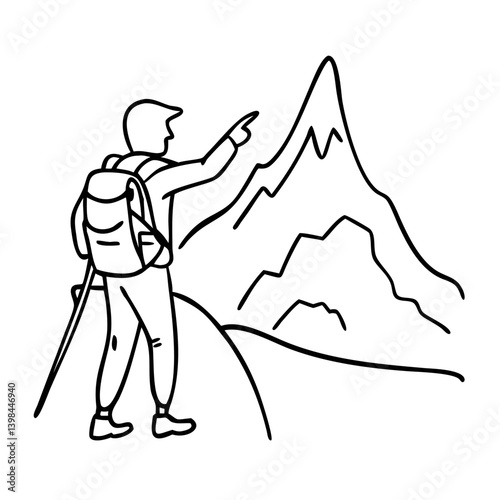 Hiker Pointing Towards Mountain Summit Adventure Vector Illustration