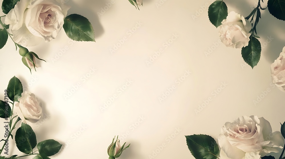 Elegant Roses And Green Leaves Frame A Blank White Surface Elegant Roses And Green Leaves Frame A Blank White Surface