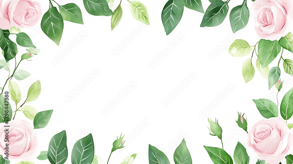 Watercolor illustration of roses and leaves creating a border Watercolor illustration of roses and leaves creating a border