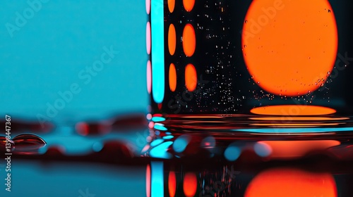 Close up of a glass reflecting colorful abstract neon lights