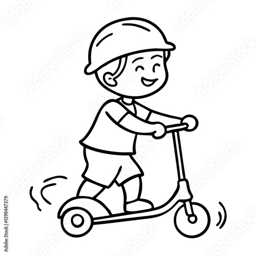 Child Riding Scooter Vector Illustration for Kids Activities and Coloring Pages