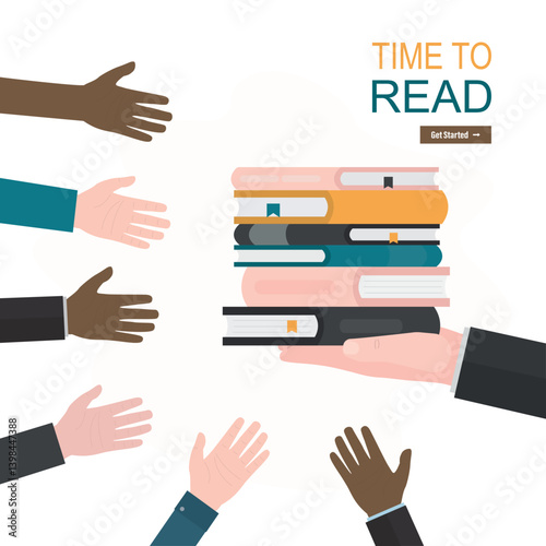 Reading time concept. Time to study, learning. Businessman or teacher hand give stack of various books with watch. Various multiethnic hands want catch textbooks and read.