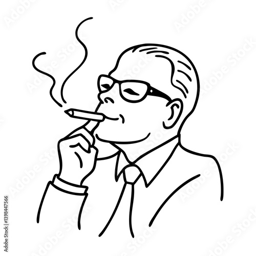 Vector Illustration Man Smoking Cigar Retro Style Line Art for Posters