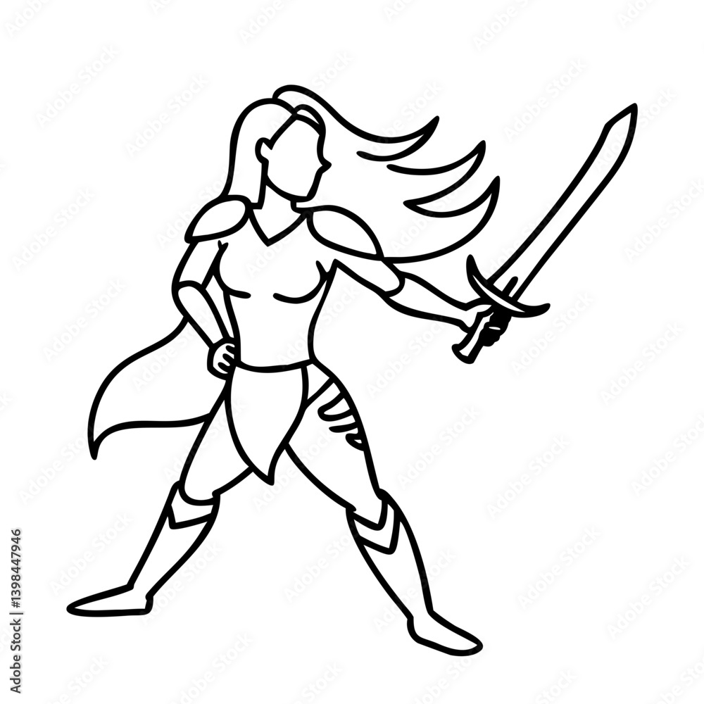 Fototapeta premium Warrior Woman Silhouette with Sword Vector for Tattoos and Coloring Books