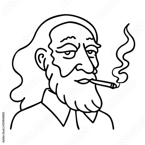 Hipster Bearded Man Smoking Line Art Vector Retro Style Design Illustration