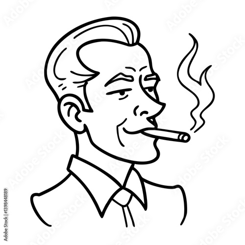 Retro Smirking Man Vector Smoking Cigarette Vintage Style Outline Illustration