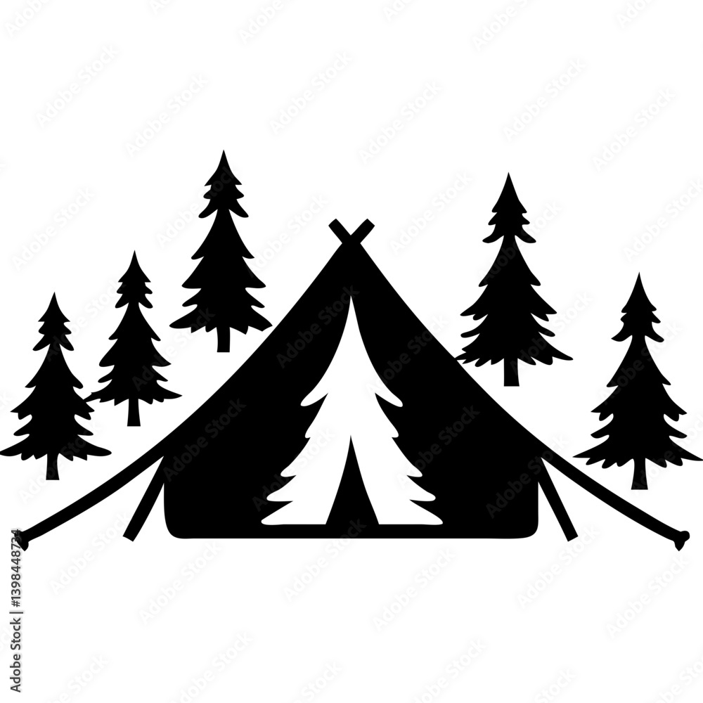 Fototapeta premium Camping Tent with Pine Trees Silhouette for Outdoor Adventure Designs