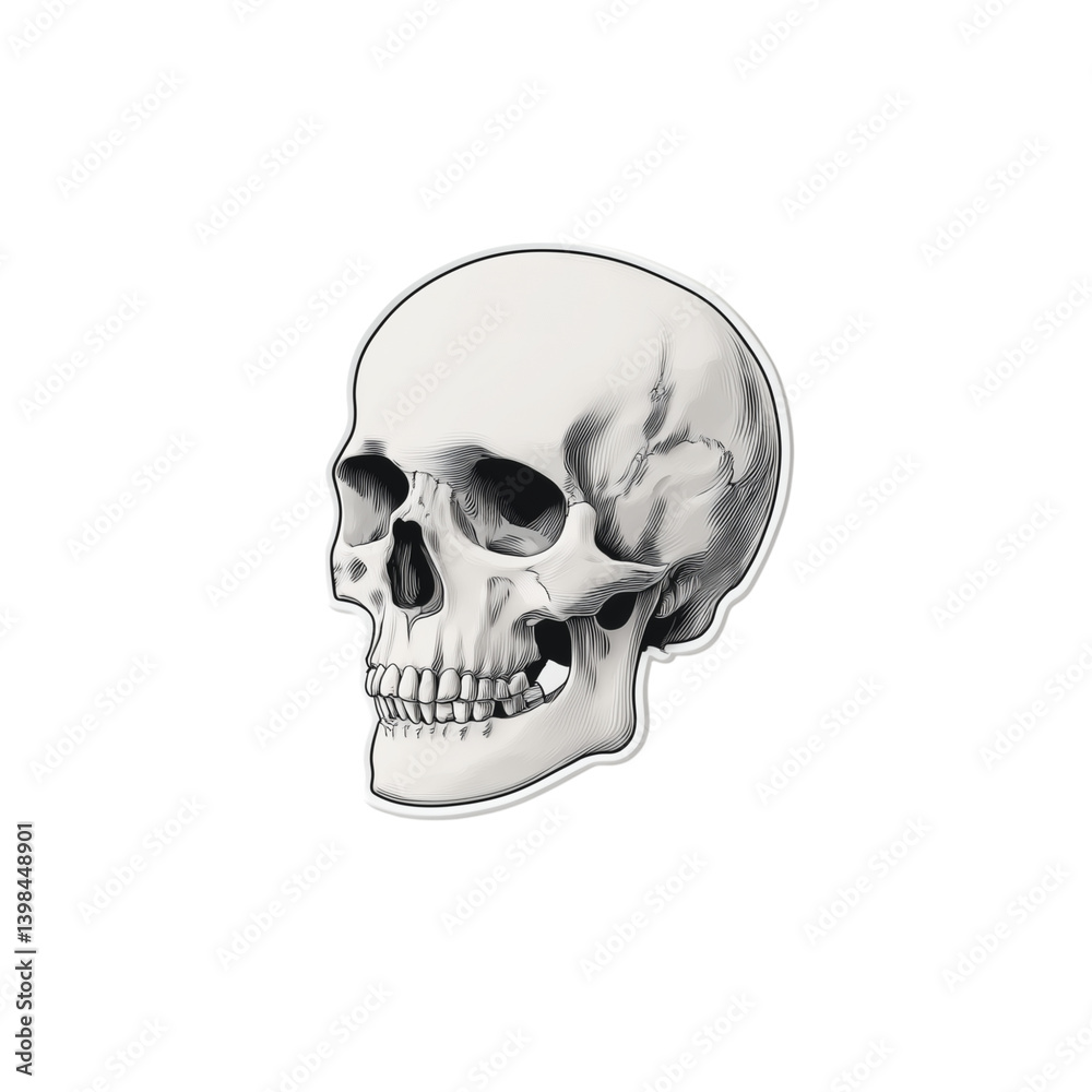 Fototapeta premium Skull emoji with thin black outline on plain bright white background no shadows, dark sticker