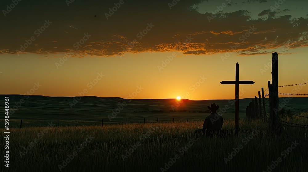 Cowboy rests by a cross during a beautiful sunset on the plains