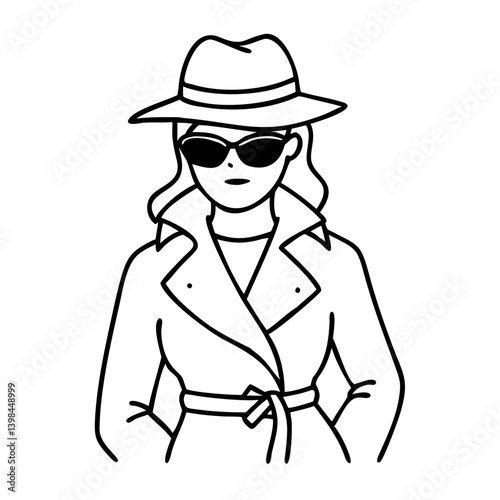 Mysterious Woman in Trench Coat and Hat Vector Illustration for Graphic Design Projects