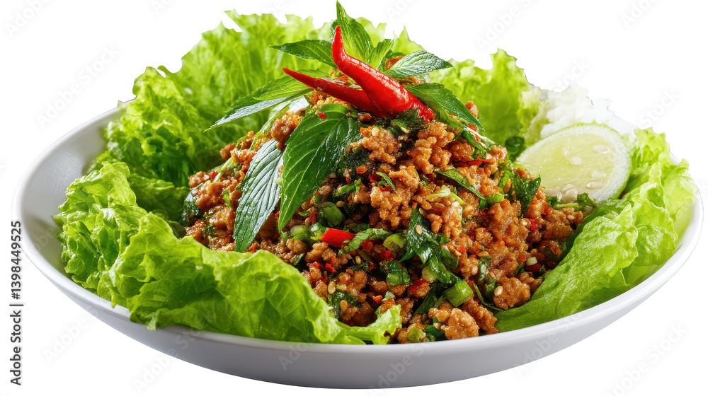 A vibrant dish of minced meat salad with fresh herbs and greens. transparent background A vibrant dish of minced meat salad with fresh herbs and greens. transparent background
