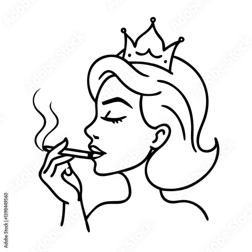 Elegant Woman Smoking with Crown Vector Art for Tattoos and Coloring Books
