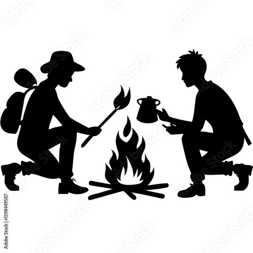 Vector Silhouette Campfire Cooking Scene Ideal for Adventure and Outdoor Activities Art