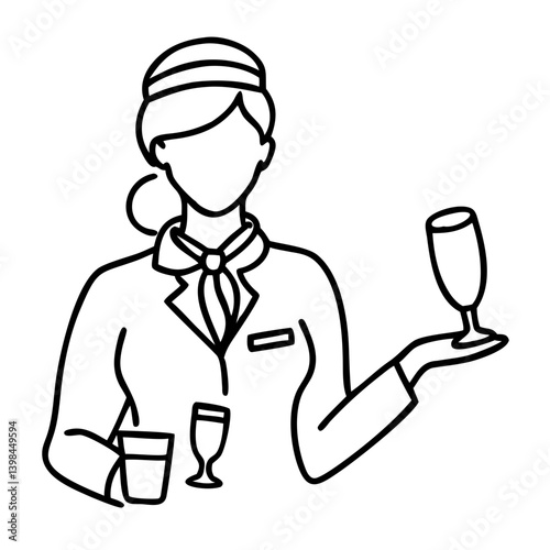 Flight Attendant Outline Vector Holding Drinks Suitable for Travel Infographics and Coloring Books
