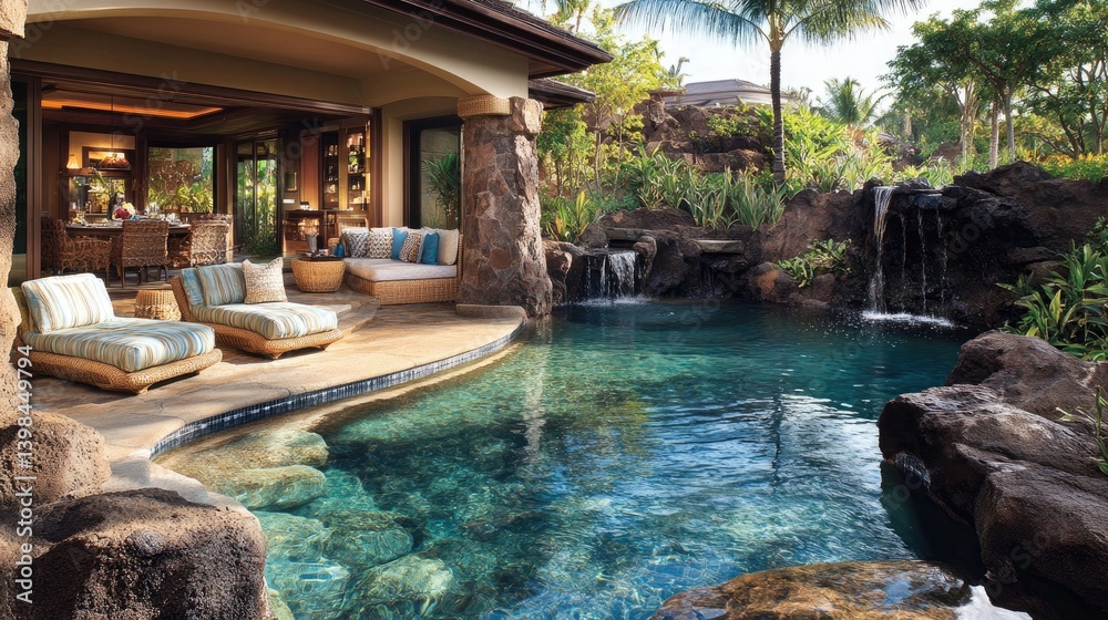 Luxurious Home Poolside Oasis with Waterfall Feature Luxurious Home Poolside Oasis with Waterfall Feature