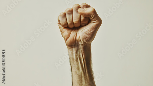 Close-up of a clenched fist, showcasing the detailed texture and prominent veins of a man's hand against a neutral background.  A symbol of strength and power.