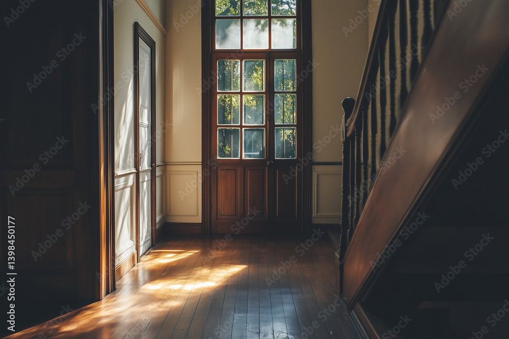 Modern Hallway with Large Windows and Stairs