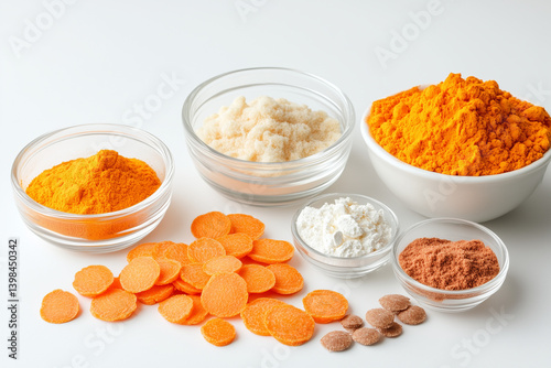 Assorted Spices in Bowls on White Background