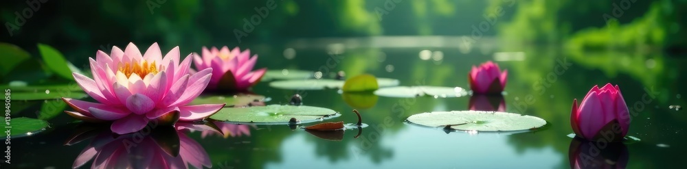 Water lilies and lotus flowers surrounding the water, aquatic plants, vegetation details, lake victoria Water lilies and lotus flowers surrounding the water, aquatic plants, vegetation details, lake victoria