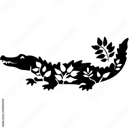 Vector Illustration Crocodile Silhouette with Botanical Leaf Pattern Design