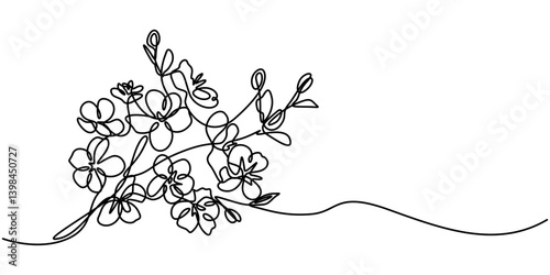 Continuous one line drawing of cherry blossom. Simple flower blossom line art vector illustration, Hand drawn cherry blossom. Sakura branch with flower one continuous line art. Blooming Apple tree pro