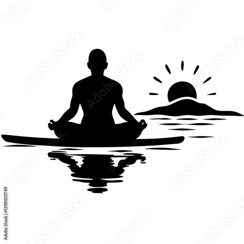 Meditation Silhouette Reflecting on Water at Sunset Tranquil Mindfulness Illustration Vector